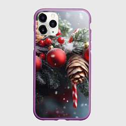 Чехол iPhone 11 Pro матовый Новогодние украшения на ветках, цвет: 3D-фиолетовый