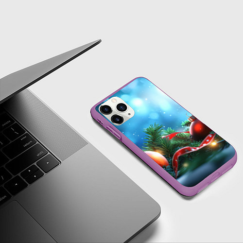 Чехол iPhone 11 Pro матовый Красные игрушки новогодние / 3D-Фиолетовый – фото 3
