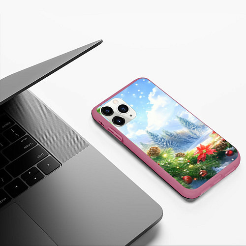 Чехол iPhone 11 Pro матовый Новогодний дневной пейзаж / 3D-Малиновый – фото 3