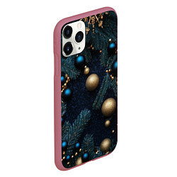 Чехол iPhone 11 Pro матовый Золотые и синие новогодние шары, цвет: 3D-малиновый — фото 2