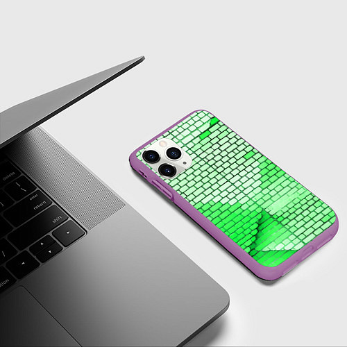 Чехол iPhone 11 Pro матовый Зелёные кирпичики / 3D-Фиолетовый – фото 3