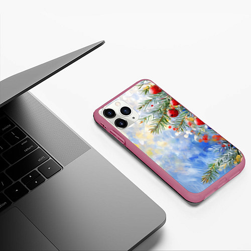 Чехол iPhone 11 Pro матовый Пейзаж новогодние игрушки и елка / 3D-Малиновый – фото 3