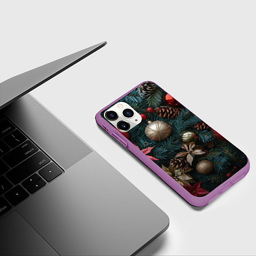 Чехол iPhone 11 Pro матовый Новогодние украшения на елочке / 3D-Фиолетовый – фото 3