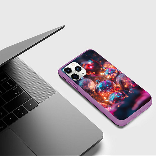 Чехол iPhone 11 Pro матовый Новогодние шары и фиолетовые блески / 3D-Фиолетовый – фото 3