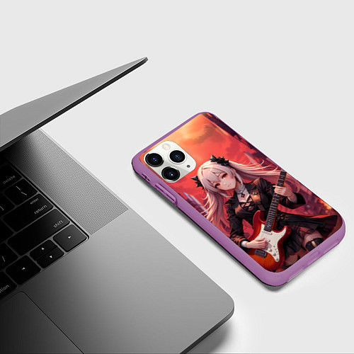Чехол iPhone 11 Pro матовый Девочка с электрогитарой аниме / 3D-Фиолетовый – фото 3
