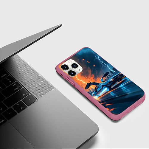 Чехол iPhone 11 Pro матовый Автомобиль и ночные молнии / 3D-Малиновый – фото 3