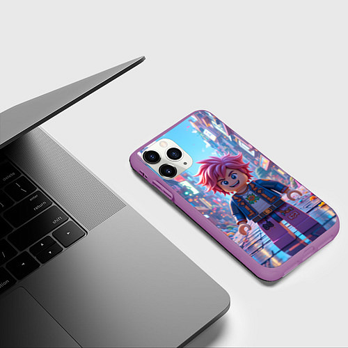 Чехол iPhone 11 Pro матовый Роблокс с розовыми волосами / 3D-Фиолетовый – фото 3