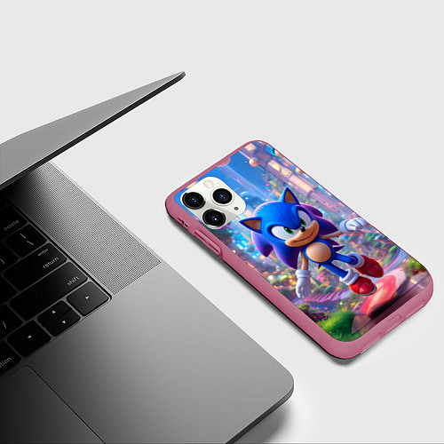 Чехол iPhone 11 Pro матовый Соник в красочной стране / 3D-Малиновый – фото 3