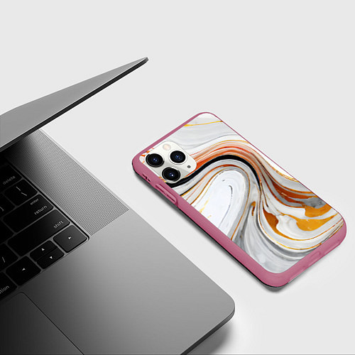 Чехол iPhone 11 Pro матовый Волнистые чёрно-жёлтые линии на белом фоне / 3D-Малиновый – фото 3