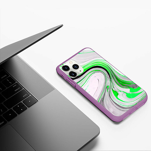 Чехол iPhone 11 Pro матовый Волнистые чёрно-зелёные линии на белом фоне / 3D-Фиолетовый – фото 3