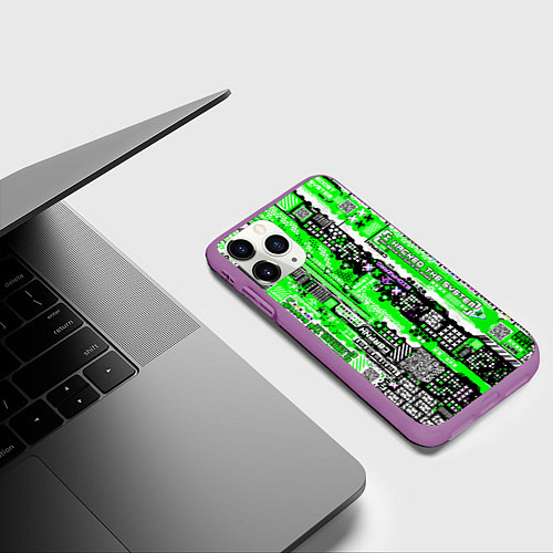 Чехол iPhone 11 Pro матовый Киберпанк паттерн зелёный / 3D-Фиолетовый – фото 3