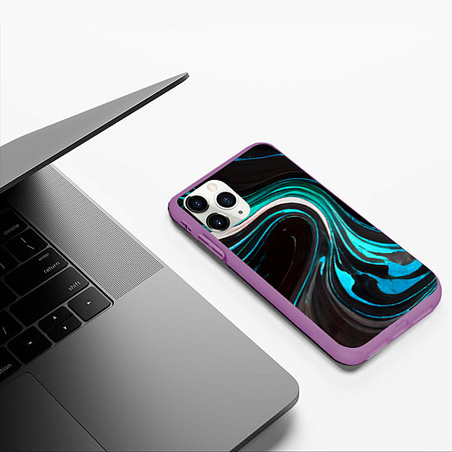 Чехол iPhone 11 Pro матовый Волнистые бело-голубые линии на чёрном фоне / 3D-Фиолетовый – фото 3