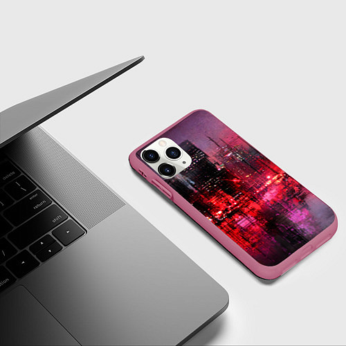 Чехол iPhone 11 Pro матовый Огни города мастихином - нейросеть / 3D-Малиновый – фото 3