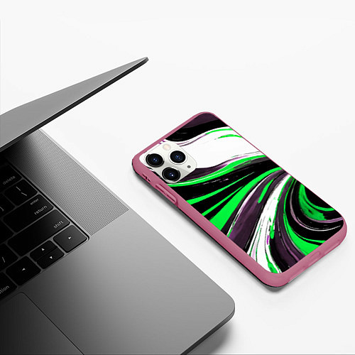 Чехол iPhone 11 Pro матовый Волнистые чёрно-зелёные линии на белом фоне / 3D-Малиновый – фото 3