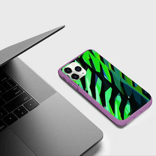 Чехол iPhone 11 Pro матовый Чёрно-зелёная абстракция / 3D-Фиолетовый – фото 3