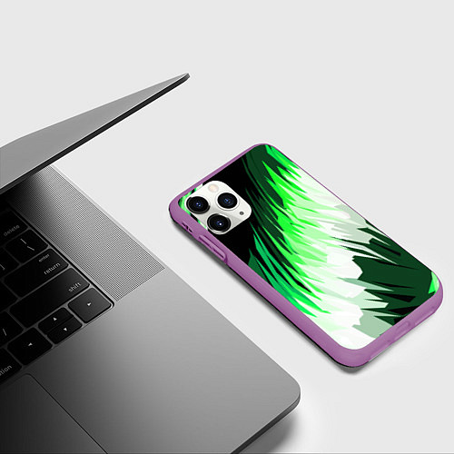 Чехол iPhone 11 Pro матовый Зелёно-белая абстракция на чёрном фоне / 3D-Фиолетовый – фото 3