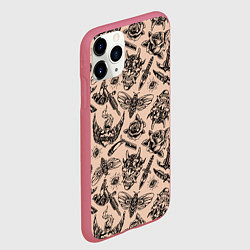 Чехол iPhone 11 Pro матовый Татуировка с цикадой и демоном Они - паттерн, цвет: 3D-малиновый — фото 2