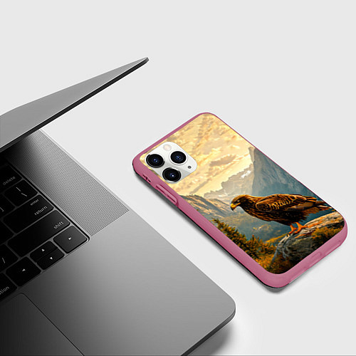 Чехол iPhone 11 Pro матовый Орел в горах / 3D-Малиновый – фото 3