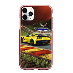 Чехол iPhone 11 Pro матовый Chevrolet Corvette на гоночной трассе, цвет: 3D-баблгам