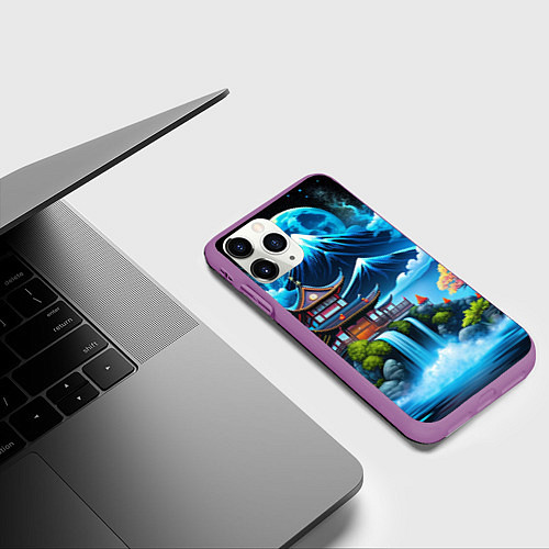 Чехол iPhone 11 Pro матовый Водопад и горы Японии / 3D-Фиолетовый – фото 3