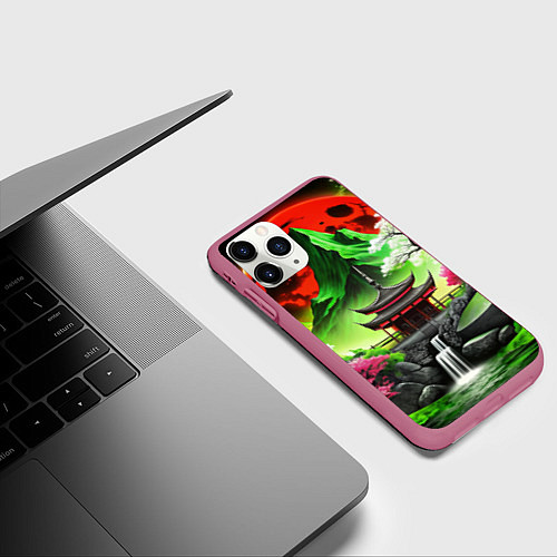 Чехол iPhone 11 Pro матовый Водопад японии и природа / 3D-Малиновый – фото 3