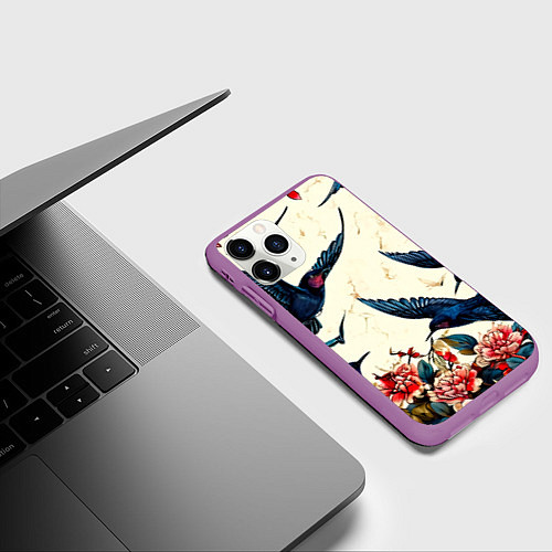 Чехол iPhone 11 Pro матовый Стая ласточек / 3D-Фиолетовый – фото 3
