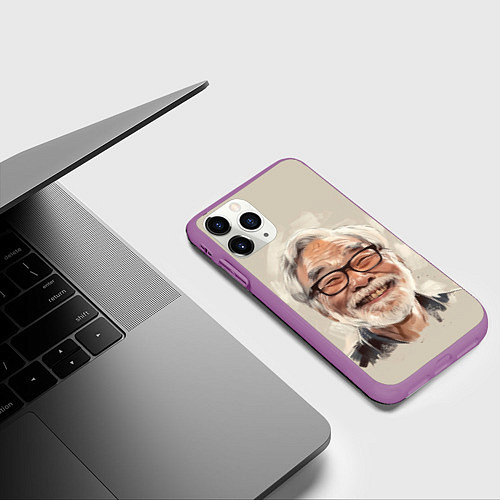 Чехол iPhone 11 Pro матовый Портрет Хаяо Миядзаки / 3D-Фиолетовый – фото 3