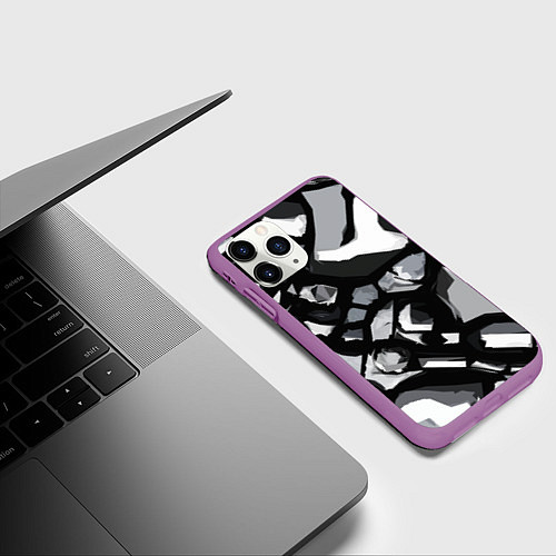 Чехол iPhone 11 Pro матовый Чёрно-серая абстракция / 3D-Фиолетовый – фото 3