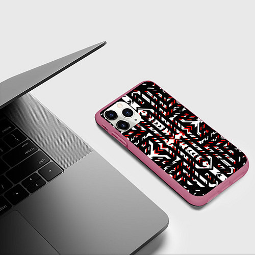 Чехол iPhone 11 Pro матовый Чёрно-красные диагональные полосы на белом фоне / 3D-Малиновый – фото 3