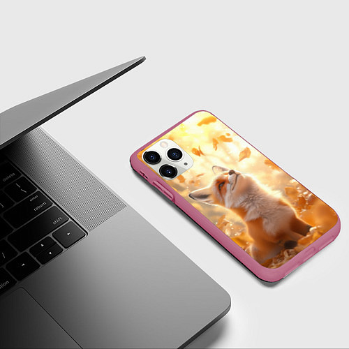 Чехол iPhone 11 Pro матовый Рыжая лисица в осеннем лесу / 3D-Малиновый – фото 3