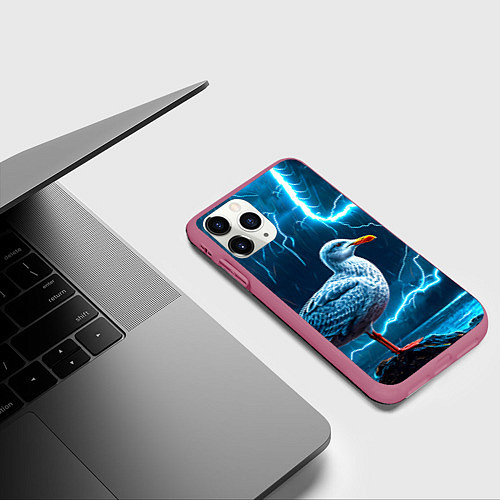 Чехол iPhone 11 Pro матовый Чайка и молния / 3D-Малиновый – фото 3