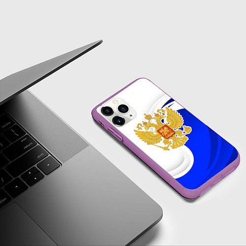 Чехол iPhone 11 Pro матовый Герб России - белый и синий / 3D-Фиолетовый – фото 3