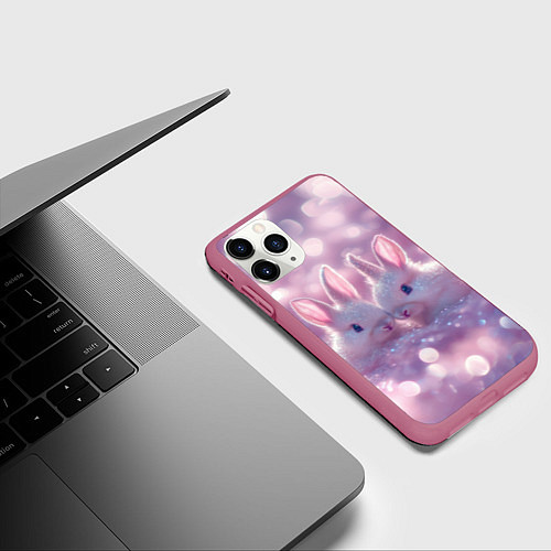 Чехол iPhone 11 Pro матовый Влюбленные зайчики / 3D-Малиновый – фото 3