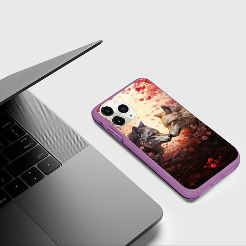 Чехол iPhone 11 Pro матовый Волк и волчица в бутонах цветов / 3D-Фиолетовый – фото 3