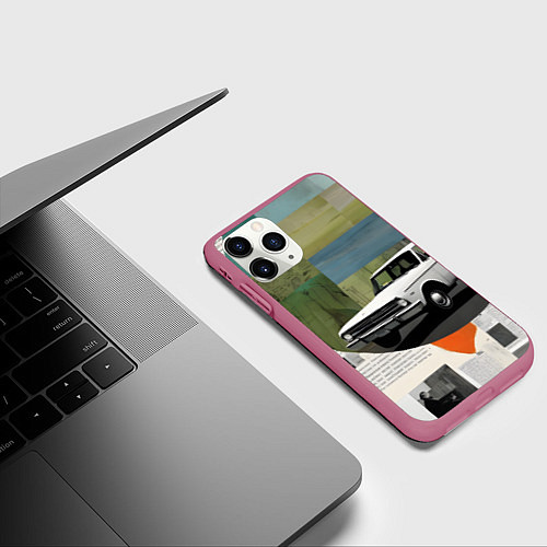 Чехол iPhone 11 Pro матовый Коллаж с ретро автомобилем / 3D-Малиновый – фото 3