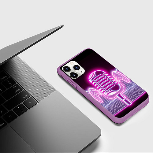 Чехол iPhone 11 Pro матовый Розовый неоновый микрофон / 3D-Фиолетовый – фото 3