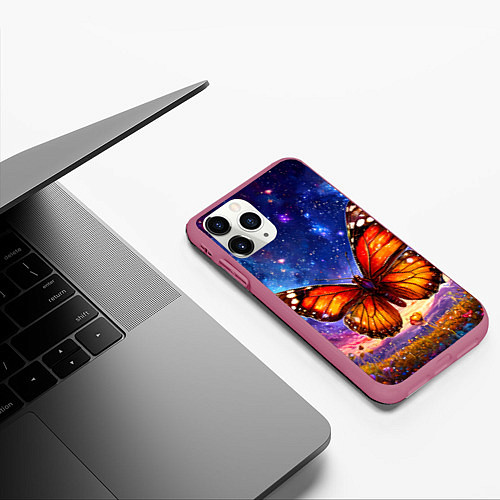 Чехол iPhone 11 Pro матовый Бабочка в космосе / 3D-Малиновый – фото 3