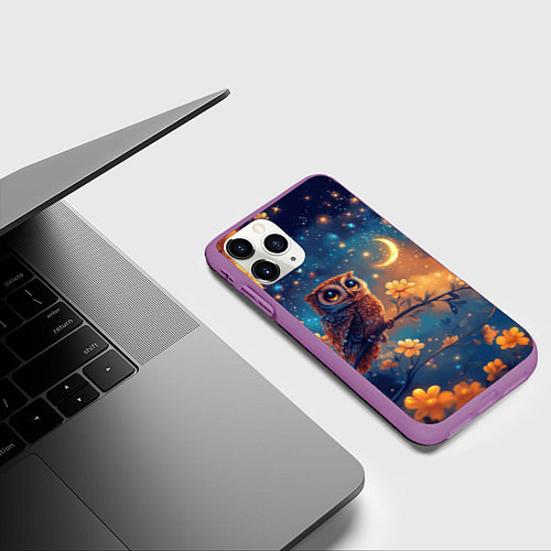 Чехол iPhone 11 Pro матовый Сова на ветке / 3D-Фиолетовый – фото 3