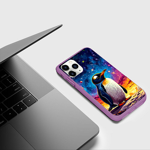Чехол iPhone 11 Pro матовый Пингвин в космосе / 3D-Фиолетовый – фото 3