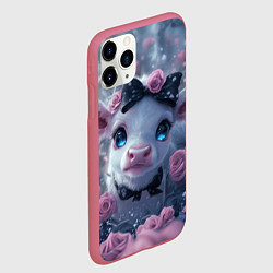 Чехол iPhone 11 Pro матовый Маленький теленок в розах, цвет: 3D-малиновый — фото 2