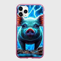 Чехол iPhone 11 Pro матовый Свинья и разряды молний, цвет: 3D-малиновый
