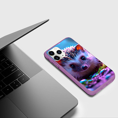 Чехол iPhone 11 Pro матовый Ёжики в сказаочном лесу / 3D-Фиолетовый – фото 3