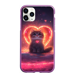 Чехол iPhone 11 Pro матовый Котенок и сердце из света, цвет: 3D-фиолетовый