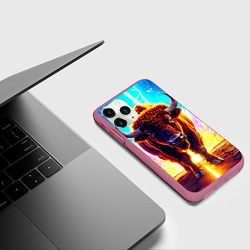 Чехол iPhone 11 Pro матовый Буйвол в неонновых лучах / 3D-Малиновый – фото 3