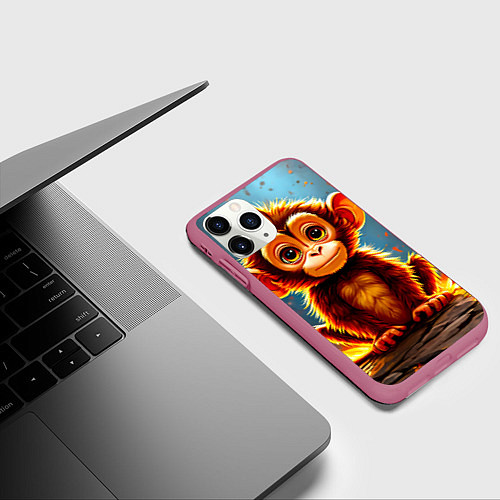 Чехол iPhone 11 Pro матовый Обезьянка в огне / 3D-Малиновый – фото 3