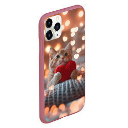 Чехол iPhone 11 Pro матовый Котик с сердечком на фоне боке, цвет: 3D-малиновый — фото 2