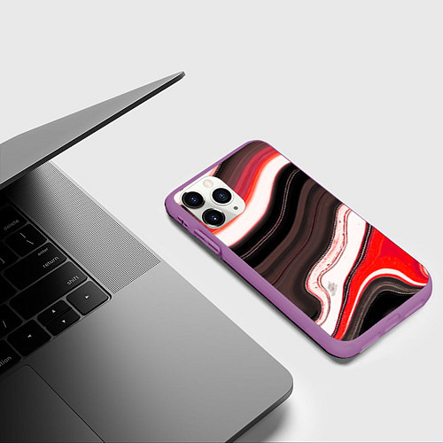 Чехол iPhone 11 Pro матовый Волнистые горизонтальные чёрно-красные полосы на б / 3D-Фиолетовый – фото 3