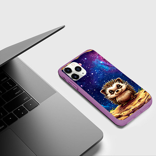 Чехол iPhone 11 Pro матовый Ежик и звездное небо / 3D-Фиолетовый – фото 3