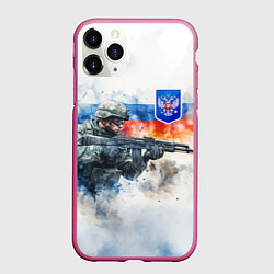 Чехол iPhone 11 Pro матовый Русский солдат и синий герб РФ