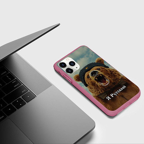 Чехол iPhone 11 Pro матовый Я русский - медведь / 3D-Малиновый – фото 3